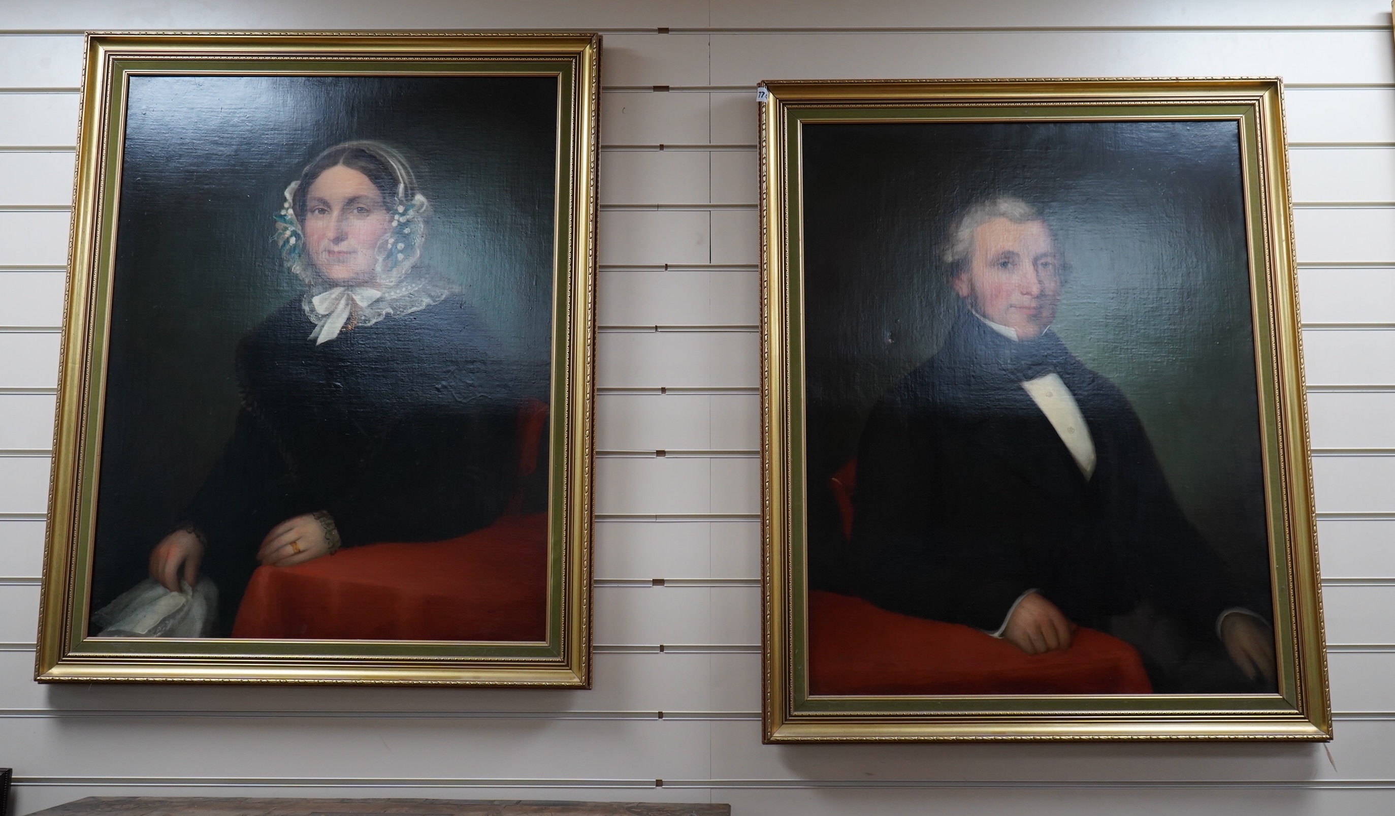 Mid Victorian School, a pair of oils on canvas, Portrait of a lady and gentleman, unsigned, 90 x 70cm, gilt framed. Condition - fair to good, some minor paint chips